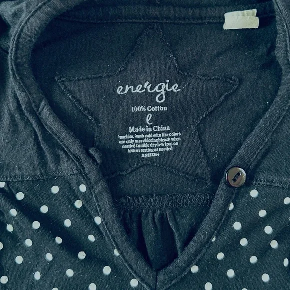 Energie Women’s Black & White Polka Dot Drawstring V-Neck Hooded T-Shirt - Picture 8 of 8